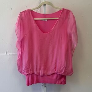 Gigi Moda Pink Silk Blend V-Neck Layered Blouson Top Made in Italy Short Sleeve